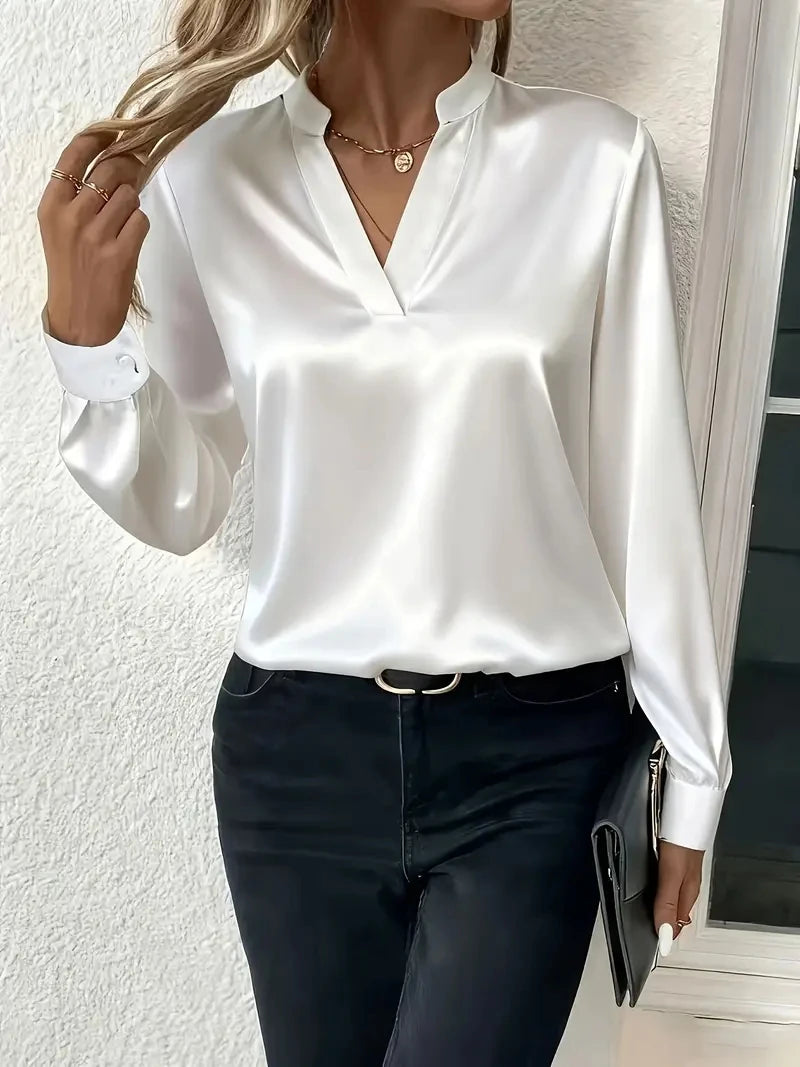 Elegant Long Sleeve V-Neck Silk-Like Top for Women, Perfect for Office & Evening Wear