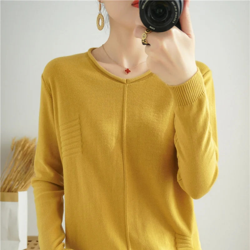 2023 Autumn/Winter Women's New Pullover Casual Solid 100% Cotton Knitted V-Neck Loose Sweater Fashion Soft Breathable Top