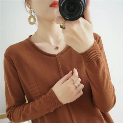 2023 Autumn/Winter Women's New Pullover Casual Solid 100% Cotton Knitted V-Neck Loose Sweater Fashion Soft Breathable Top