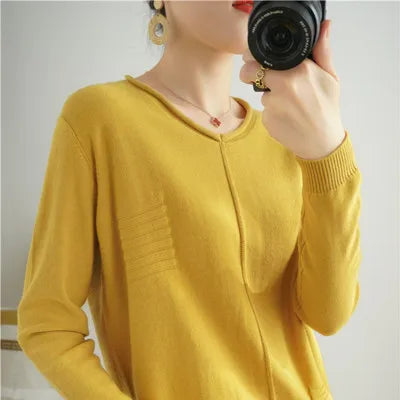2023 Autumn/Winter Women's New Pullover Casual Solid 100% Cotton Knitted V-Neck Loose Sweater Fashion Soft Breathable Top
