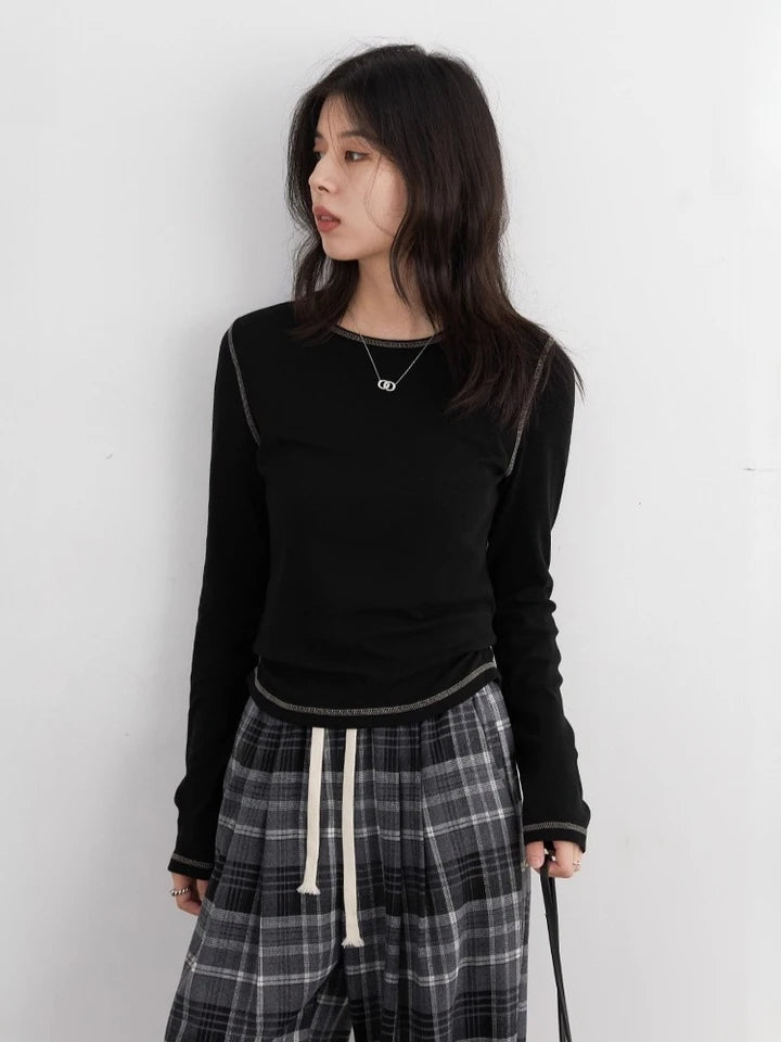 CHIC VEN New Women T-Shirts Retro Slim Contrasting Color Lines Base Tees Long Sleeve Slim Female Top Spring Autumn 2025