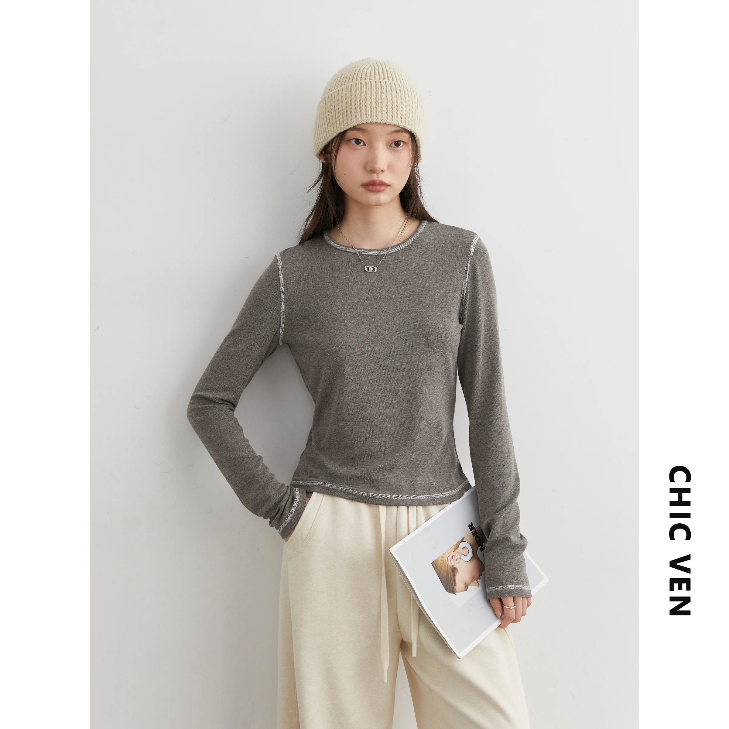 CHIC VEN New Women T-Shirts Retro Slim Contrasting Color Lines Base Tees Long Sleeve Slim Female Top Spring Autumn 2025