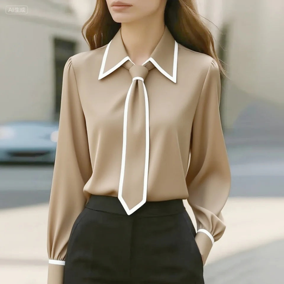 Women's fashion tie lapel design casual long-sleeved shirt