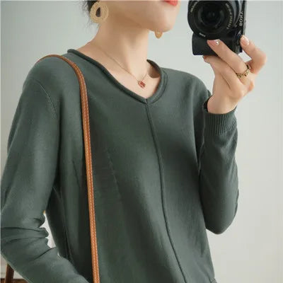 2023 Autumn/Winter Women's New Pullover Casual Solid 100% Cotton Knitted V-Neck Loose Sweater Fashion Soft Breathable Top