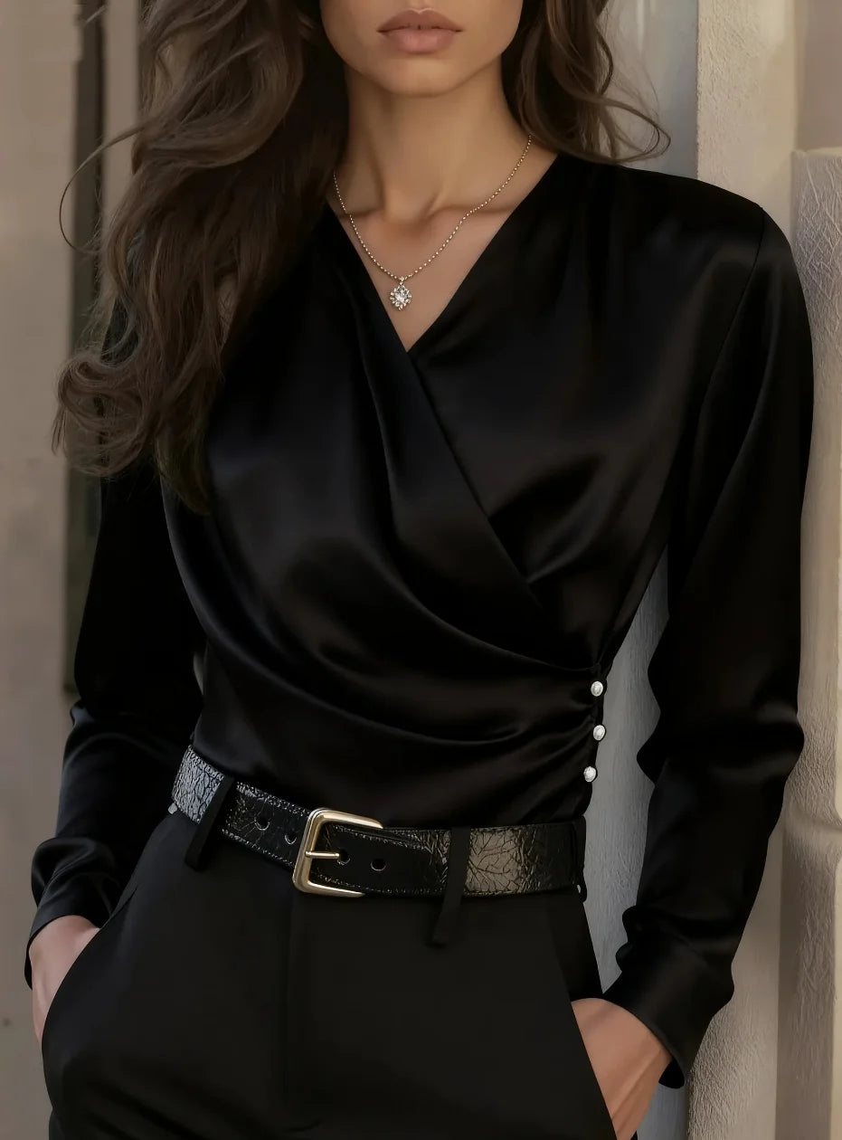 Women's Elegant Satin Wrap Blouse - Long Sleeve V-Neck Button Detail Top for Office & Casual Wear