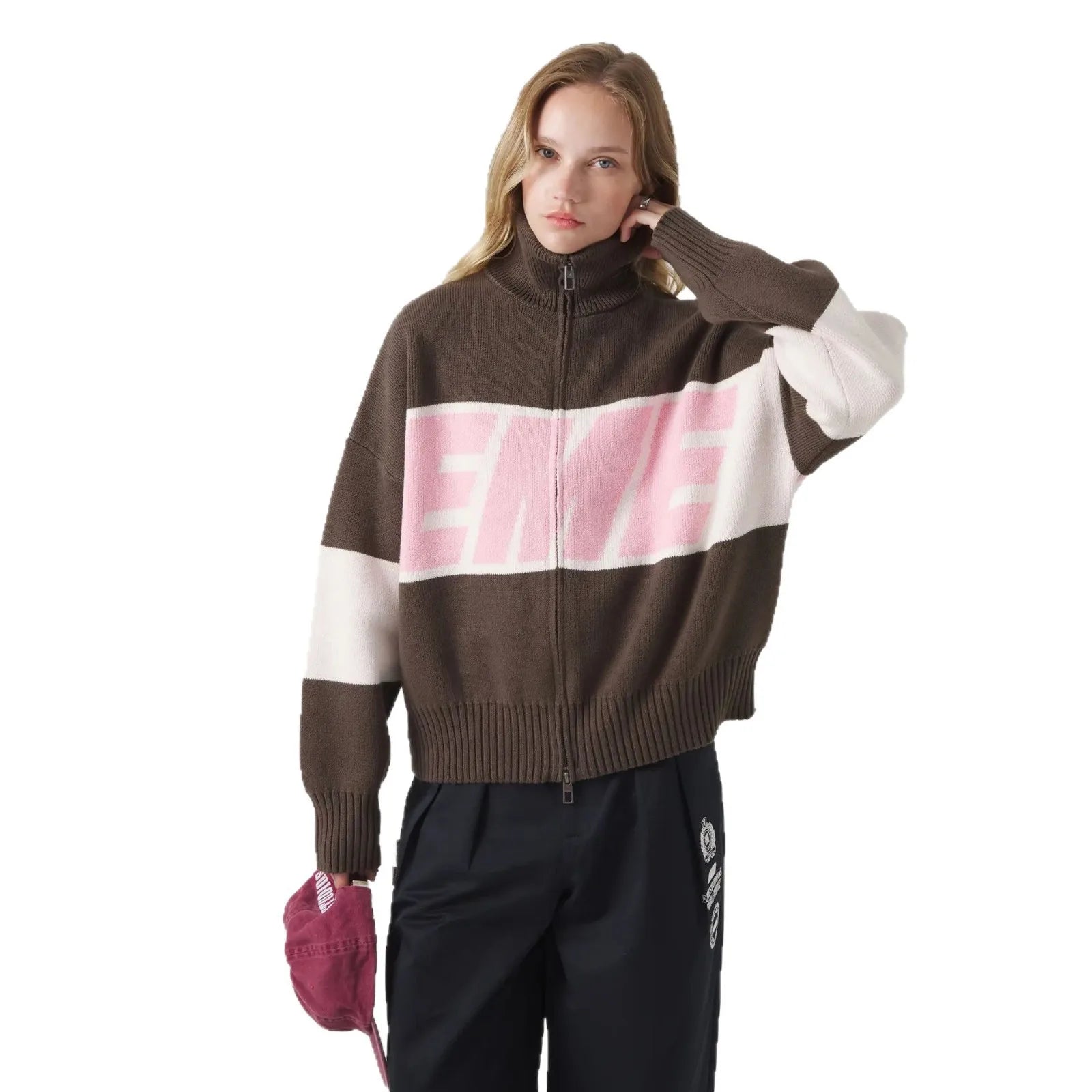 Eme Retro Original Style Color Contrast Letter Knitted Cardigan Y2k American Casual Zipper Sweater For Men And Women