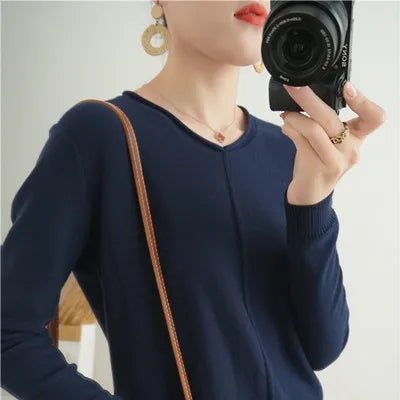 2023 Autumn/Winter Women's New Pullover Casual Solid 100% Cotton Knitted V-Neck Loose Sweater Fashion Soft Breathable Top