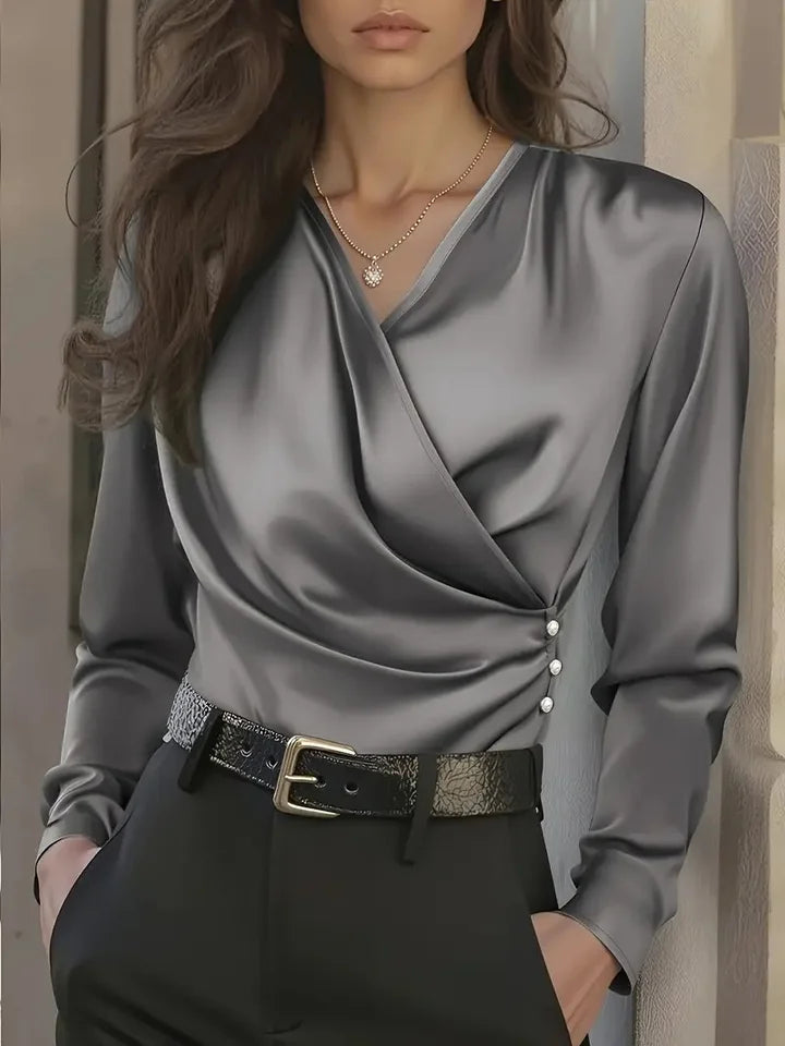 Women's Elegant Satin Wrap Blouse - Long Sleeve V-Neck Button Detail Top for Office & Casual Wear