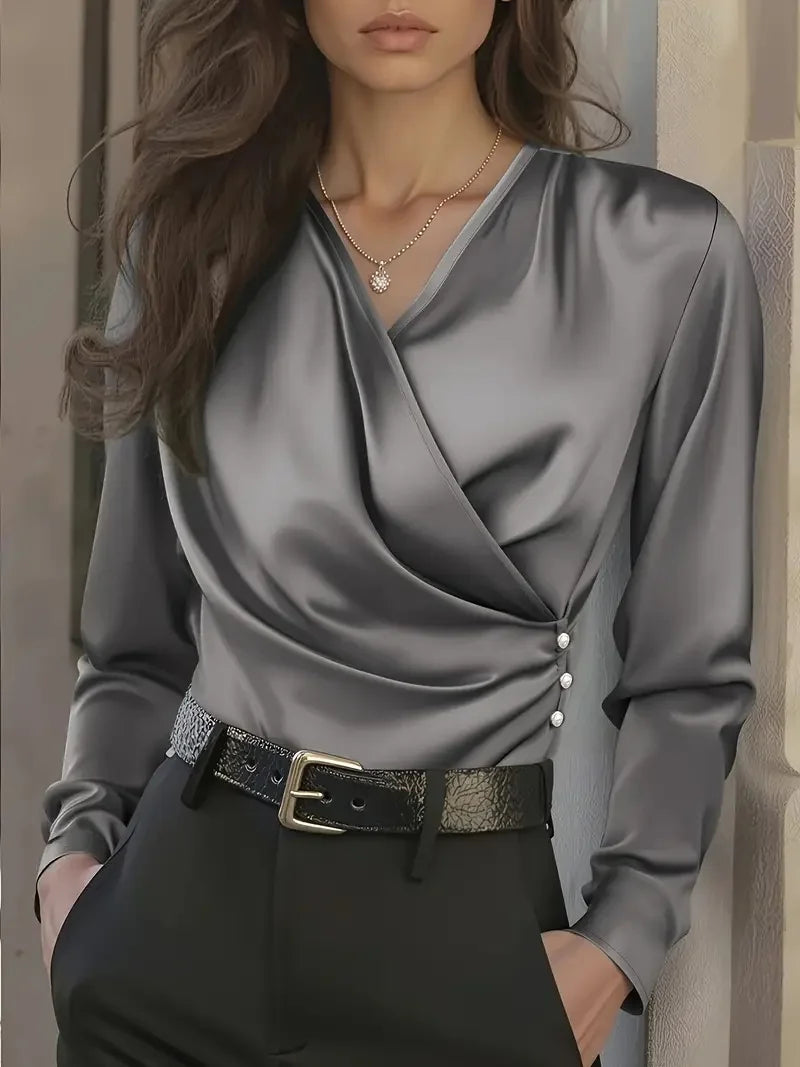 Women's Elegant Satin Wrap Blouse - Long Sleeve V-Neck Button Detail Top for Office & Casual Wear