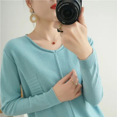 2023 Autumn/Winter Women's New Pullover Casual Solid 100% Cotton Knitted V-Neck Loose Sweater Fashion Soft Breathable Top