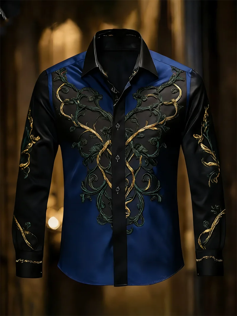New 11 color men's long sleeved shirt with 3D printed tree branch pattern on the collar, comfortable men's top