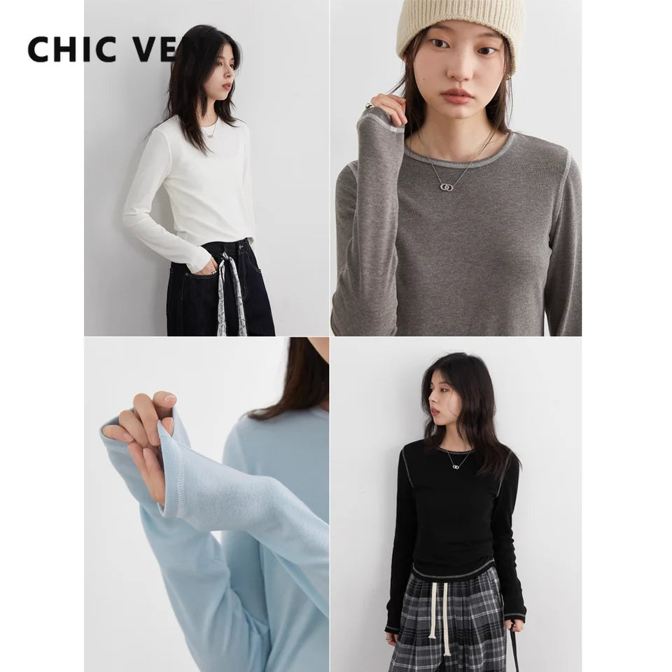 CHIC VEN New Women T-Shirts Retro Slim Contrasting Color Lines Base Tees Long Sleeve Slim Female Top Spring Autumn 2025