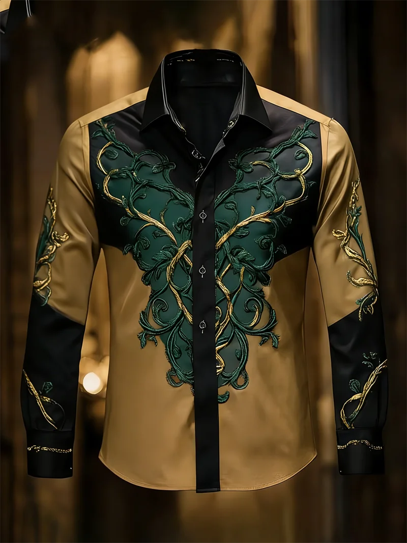 New 11 color men's long sleeved shirt with 3D printed tree branch pattern on the collar, comfortable men's top