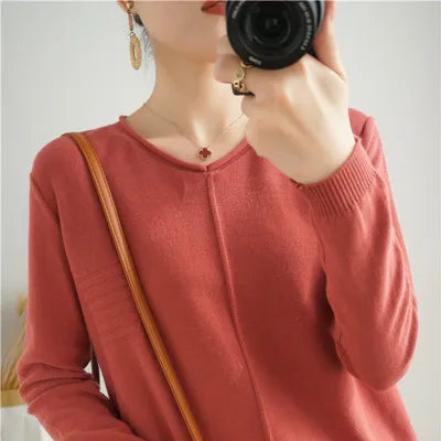 2023 Autumn/Winter Women's New Pullover Casual Solid 100% Cotton Knitted V-Neck Loose Sweater Fashion Soft Breathable Top