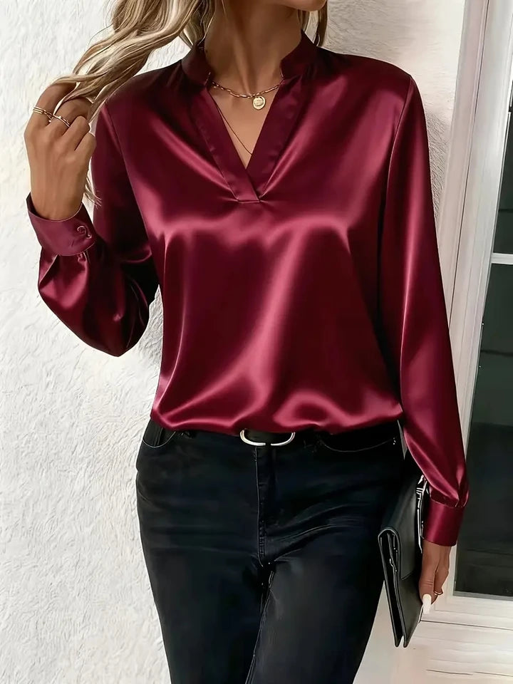Elegant Long Sleeve V-Neck Silk-Like Top for Women, Perfect for Office & Evening Wear