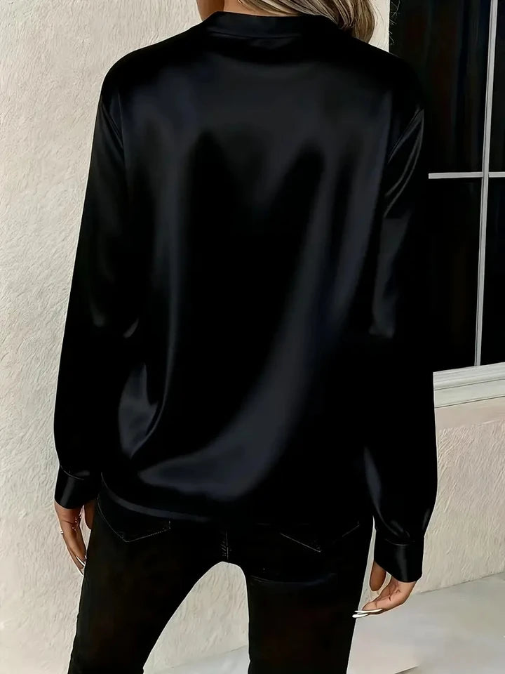 Elegant Long Sleeve V-Neck Silk-Like Top for Women, Perfect for Office & Evening Wear