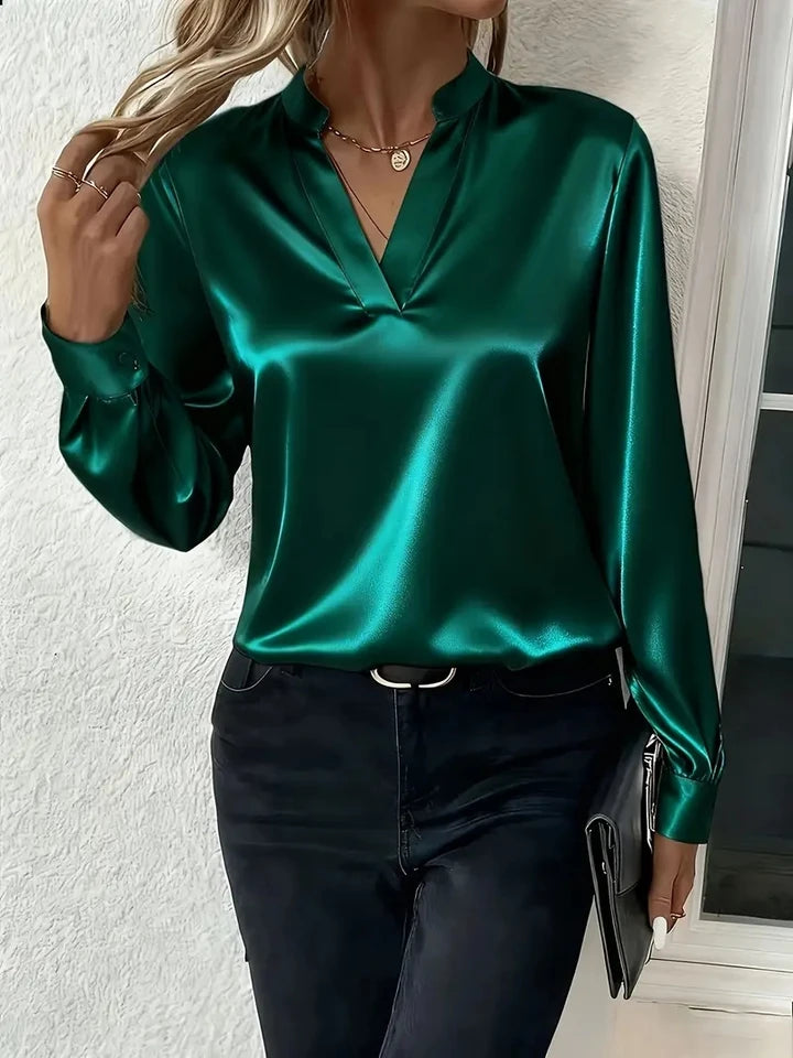 Elegant Long Sleeve V-Neck Silk-Like Top for Women, Perfect for Office & Evening Wear
