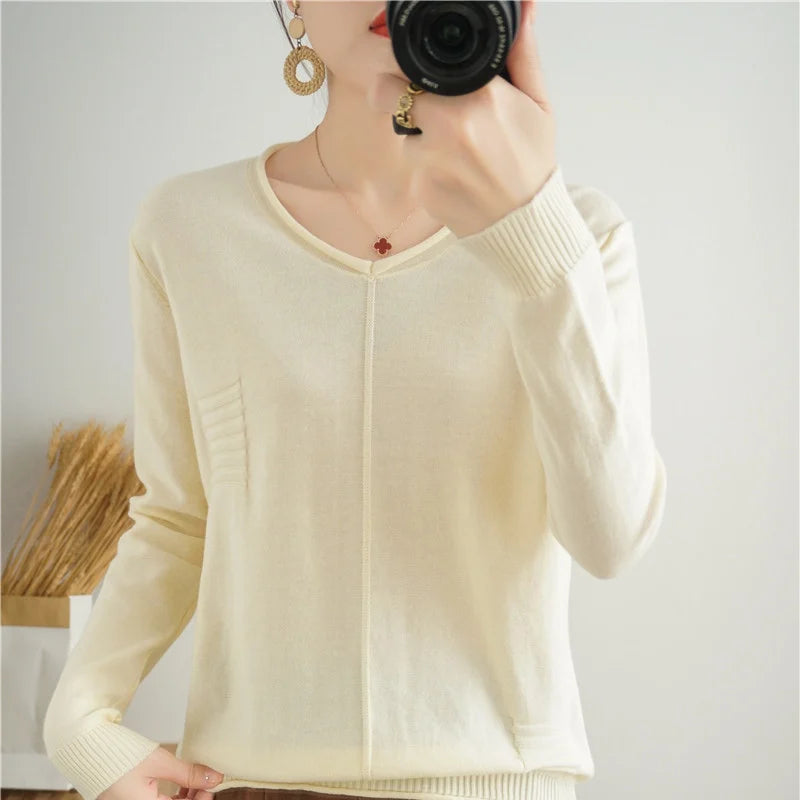 2023 Autumn/Winter Women's New Pullover Casual Solid 100% Cotton Knitted V-Neck Loose Sweater Fashion Soft Breathable Top