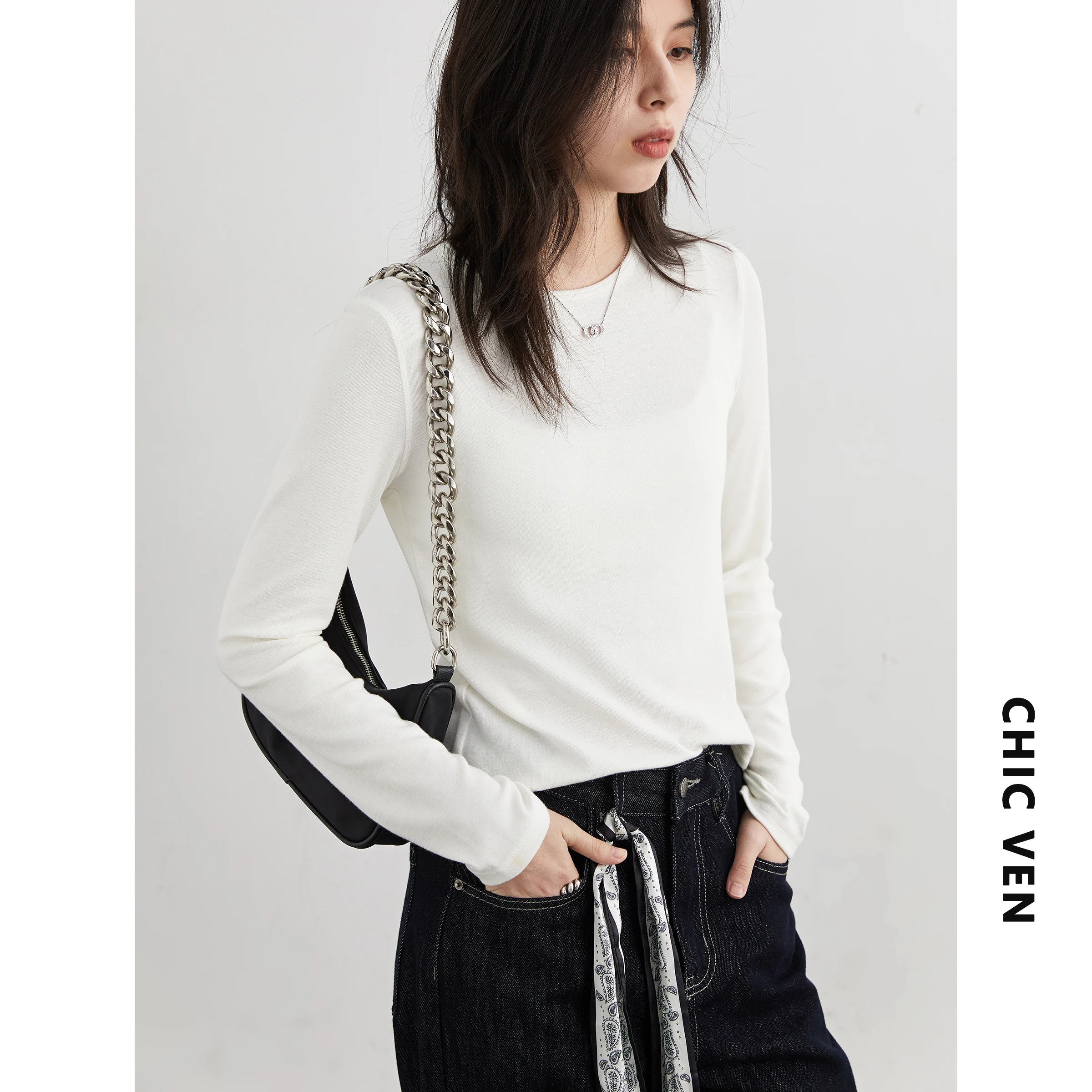 CHIC VEN New Women T-Shirts Retro Slim Contrasting Color Lines Base Tees Long Sleeve Slim Female Top Spring Autumn 2025