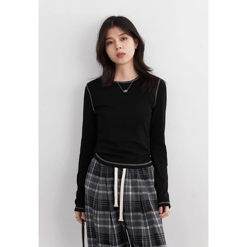 CHIC VEN New Women T-Shirts Retro Slim Contrasting Color Lines Base Tees Long Sleeve Slim Female Top Spring Autumn 2025