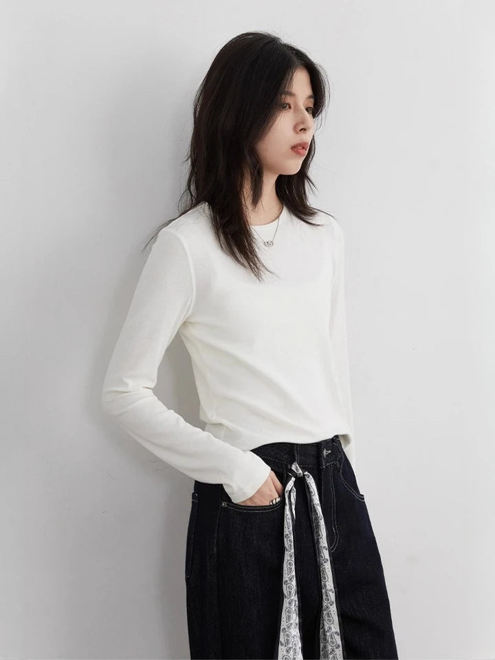 CHIC VEN New Women T-Shirts Retro Slim Contrasting Color Lines Base Tees Long Sleeve Slim Female Top Spring Autumn 2025