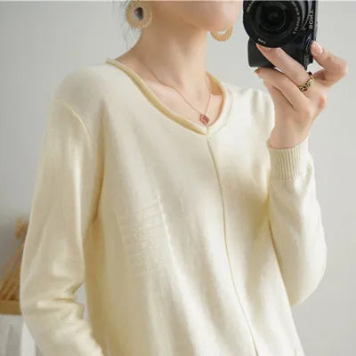 2023 Autumn/Winter Women's New Pullover Casual Solid 100% Cotton Knitted V-Neck Loose Sweater Fashion Soft Breathable Top