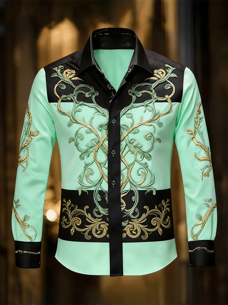 New 11 color men's long sleeved shirt with 3D printed tree branch pattern on the collar, comfortable men's top