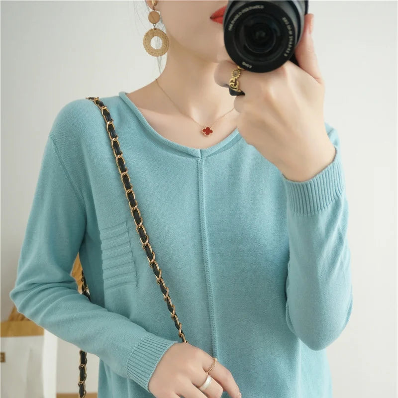 2023 Autumn/Winter Women's New Pullover Casual Solid 100% Cotton Knitted V-Neck Loose Sweater Fashion Soft Breathable Top