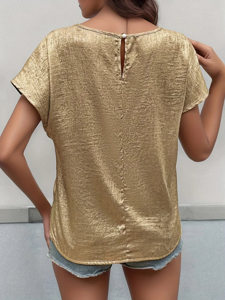 Elegant Gold Loose round Neck Shirt for Women Stylish Directed Fashion Comfortable Fit Ladies' Collar Top