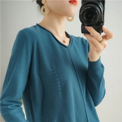 2023 Autumn/Winter Women's New Pullover Casual Solid 100% Cotton Knitted V-Neck Loose Sweater Fashion Soft Breathable Top