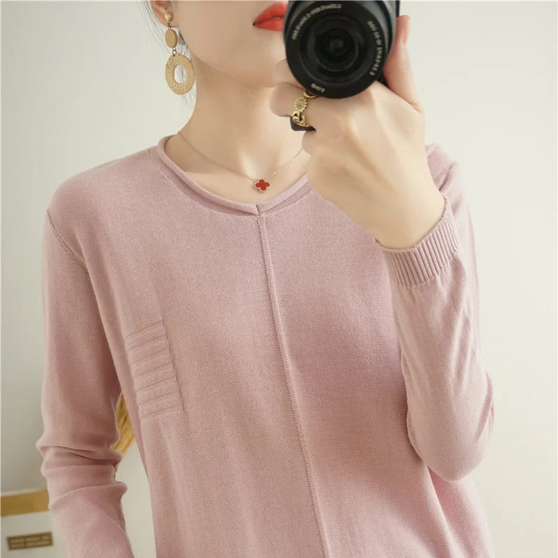 2023 Autumn/Winter Women's New Pullover Casual Solid 100% Cotton Knitted V-Neck Loose Sweater Fashion Soft Breathable Top