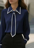 Women's fashion tie lapel design casual long-sleeved shirt