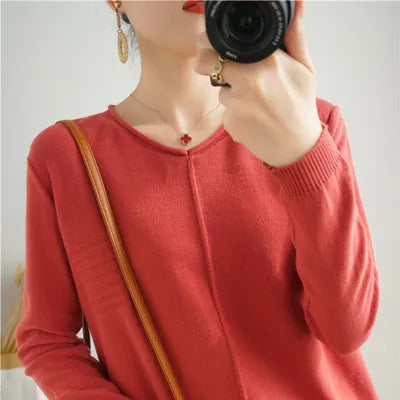 2023 Autumn/Winter Women's New Pullover Casual Solid 100% Cotton Knitted V-Neck Loose Sweater Fashion Soft Breathable Top